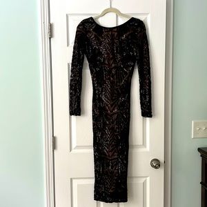 Dress the Population - black sequined midi dress with nude slip detail. Size M